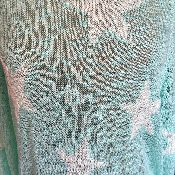 Aqua White Star Loose Weave Slouchy Sweater LARGE Beachy Whimsical Layering - Picture 8 of 10